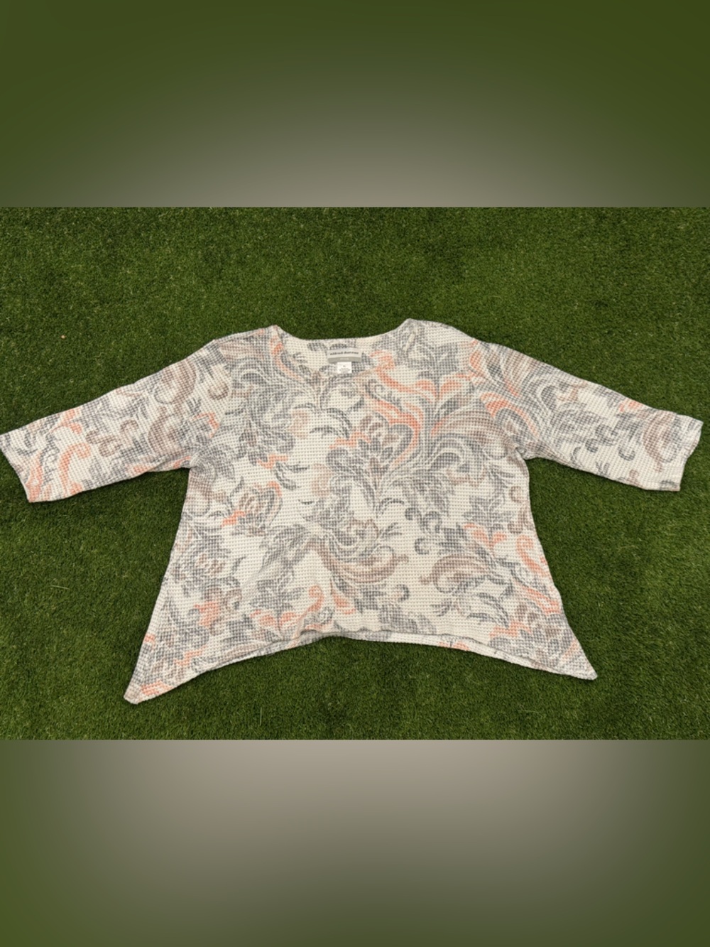 Alfred Dunner Women's 3/4 Sleeve Top Blouse Gray Pink Orange Floral Petite PL